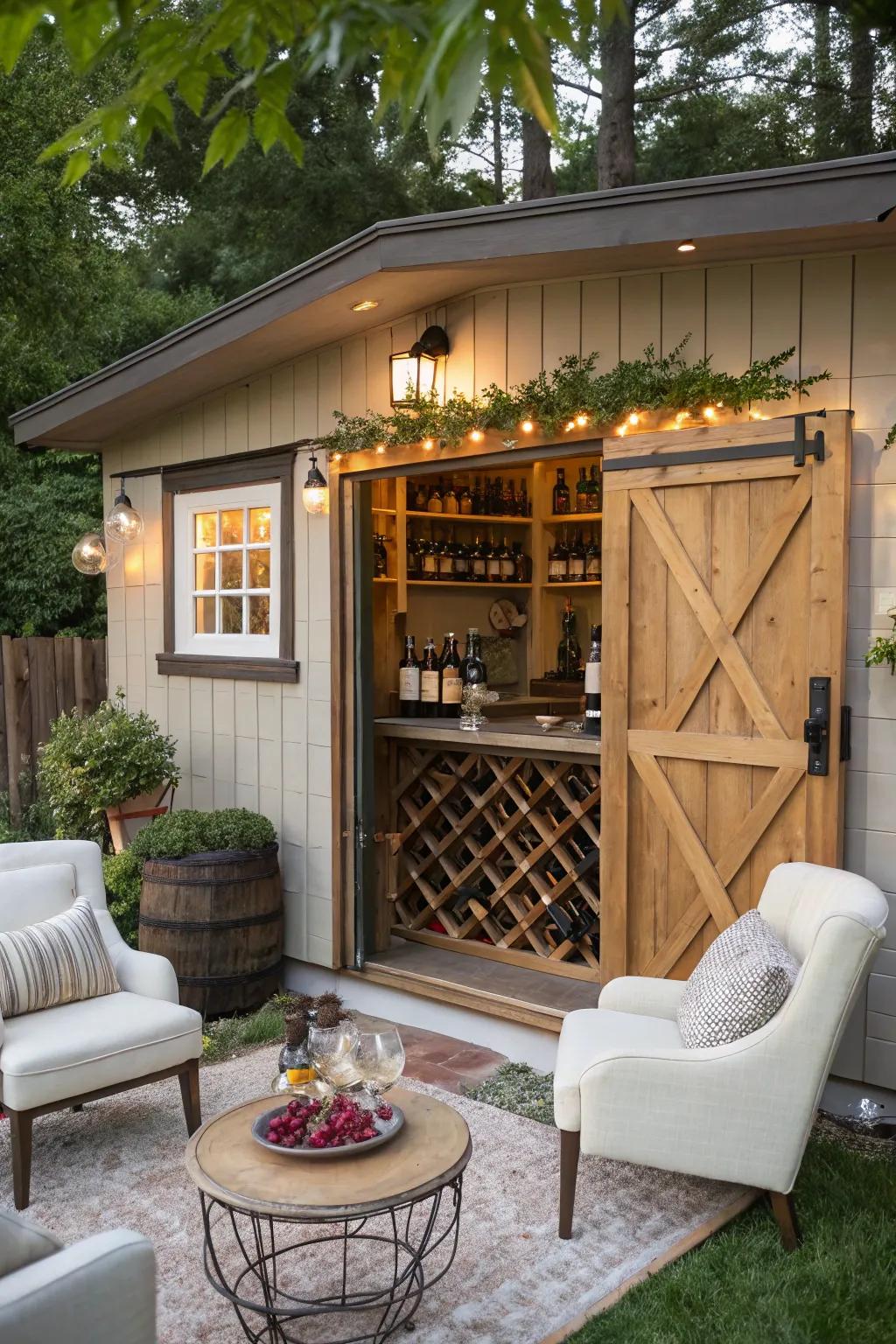 Savor fine wines in this chic wine cellar-themed man cave shed bar.
