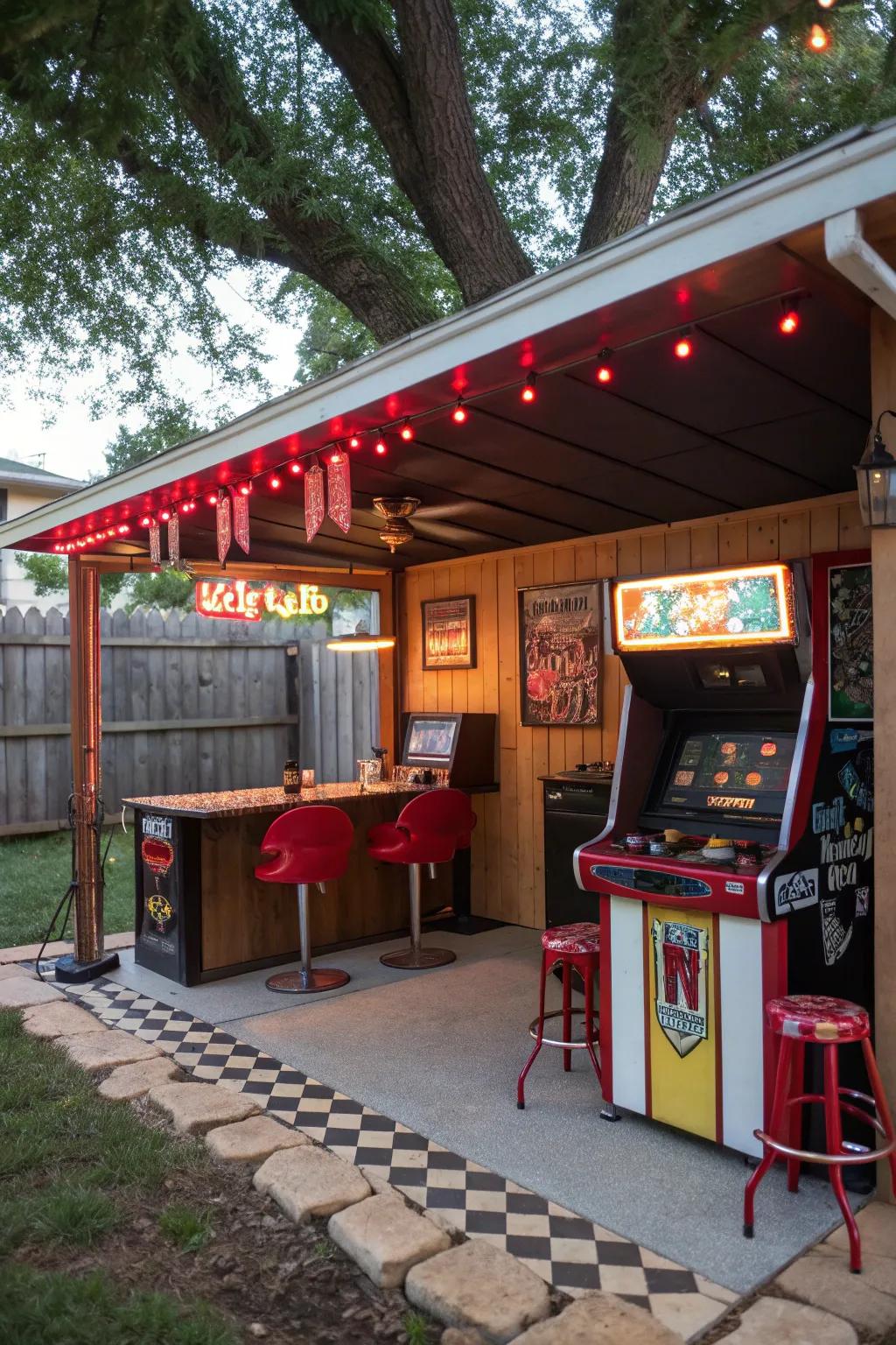Step back in time with this retro arcade man cave shed bar.