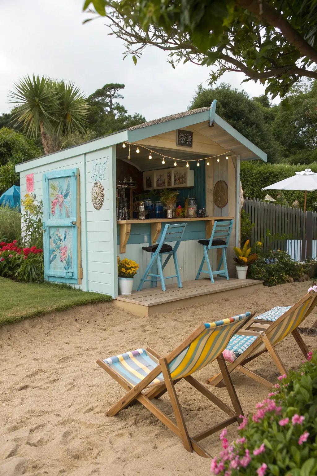 Feel the ocean breeze in this beachside bliss man cave shed bar.