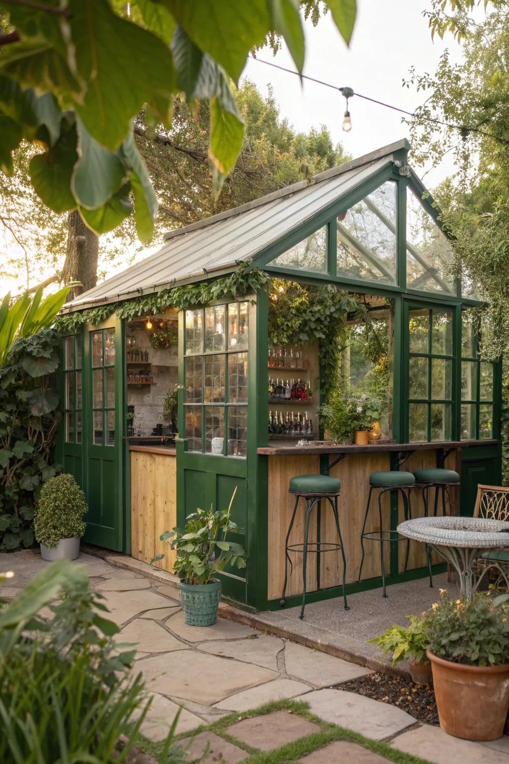 Embrace nature in this greenhouse-themed man cave shed bar.