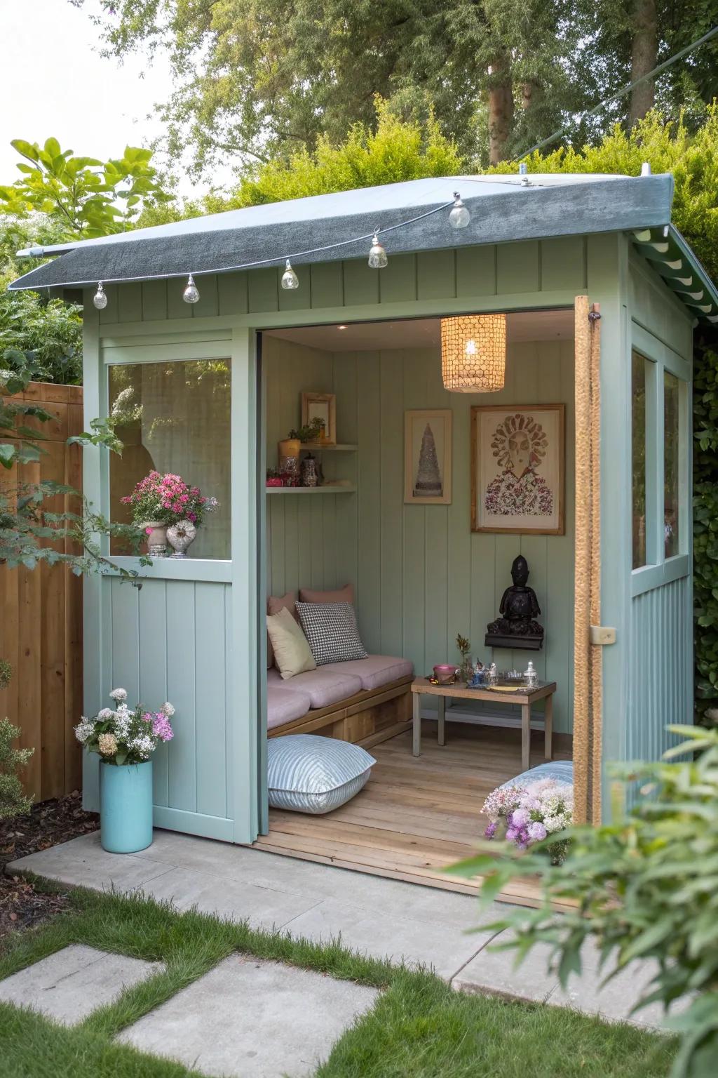 Find serenity in this zen den-themed man cave shed bar.