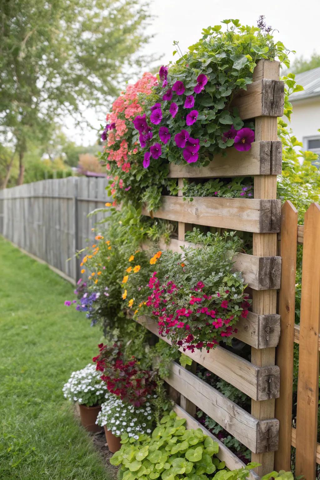 A vertical flower wall adds a stunning visual to any garden.