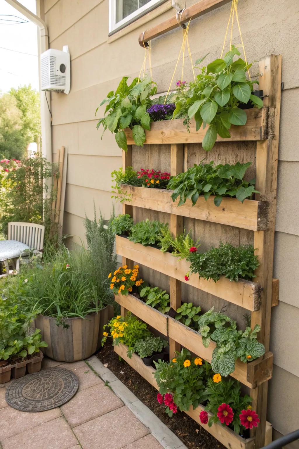 A hanging pallet garden maximizes vertical space beautifully.