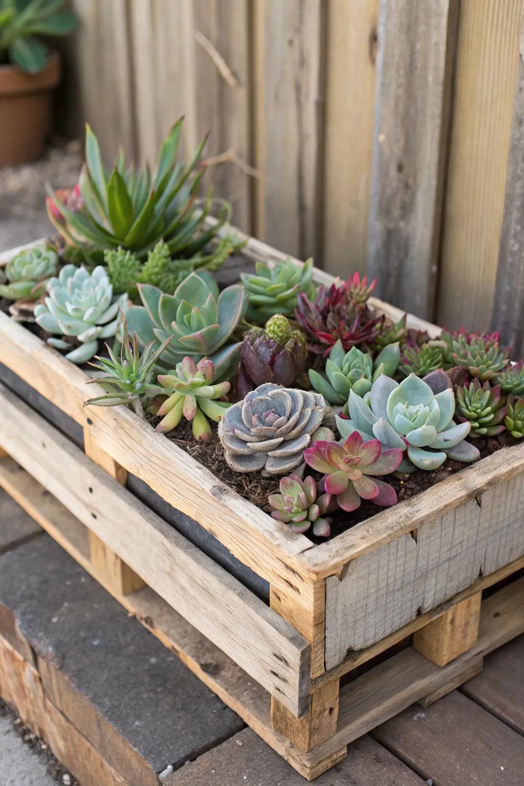 Succulents add a unique charm to a pallet planter.