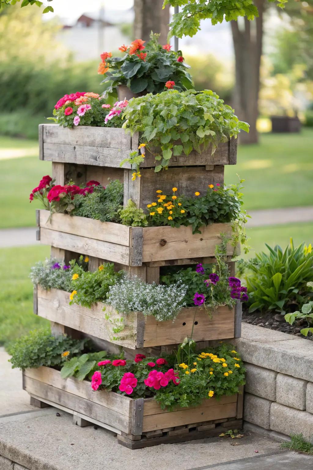 A tiered pallet planter box offers a layered floral display.