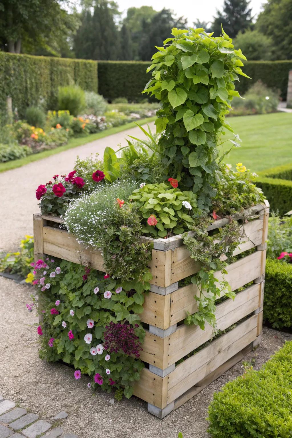 A corner pallet planter maximizes garden space efficiently.