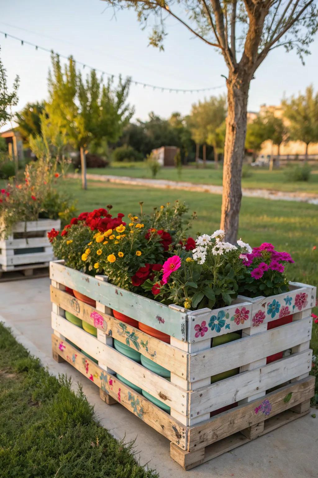 A recycled pallet art planter doubles as a creative garden feature.