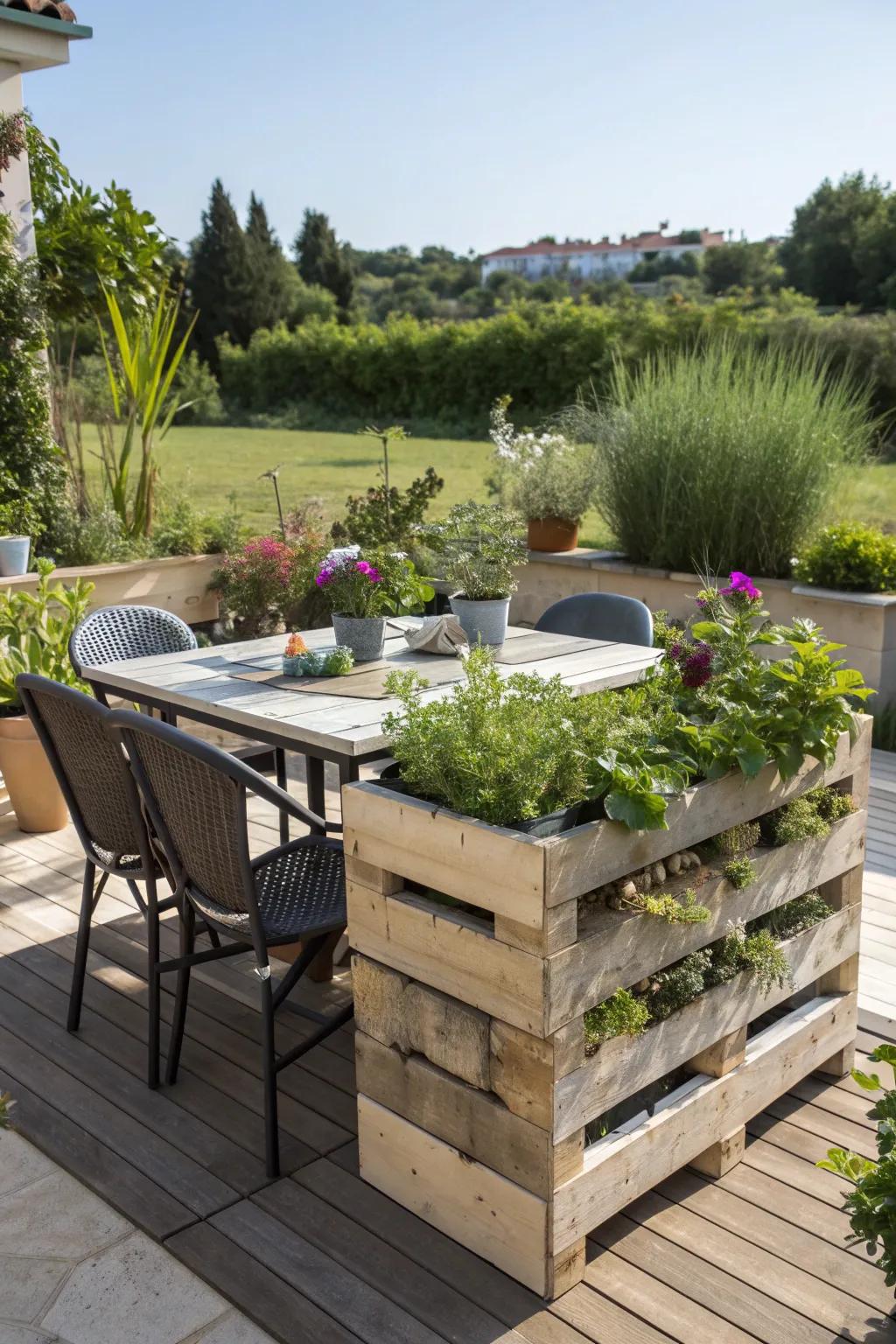 A pallet table planter is a unique outdoor dining centerpiece.