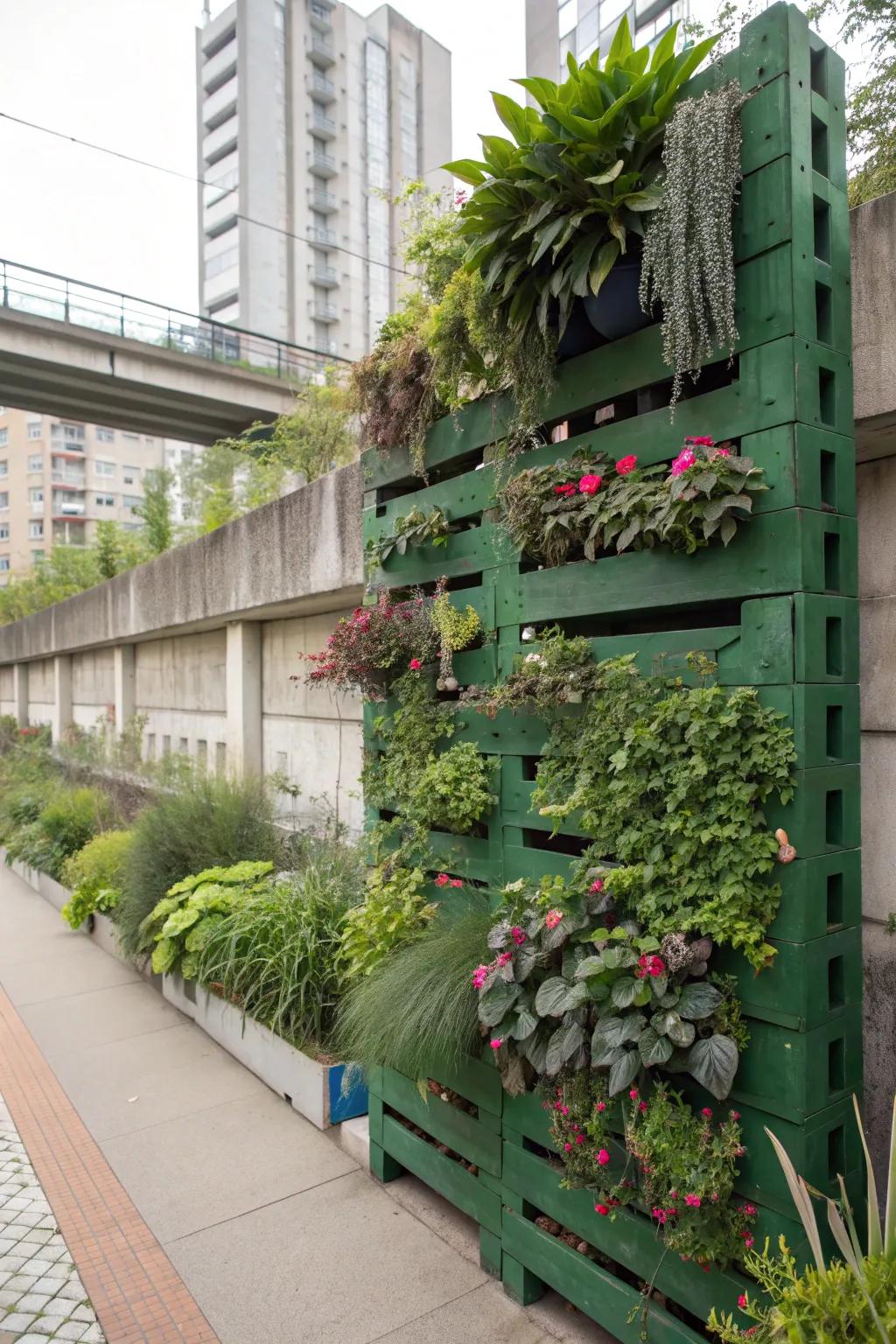 A pallet green wall offers a vertical garden solution.