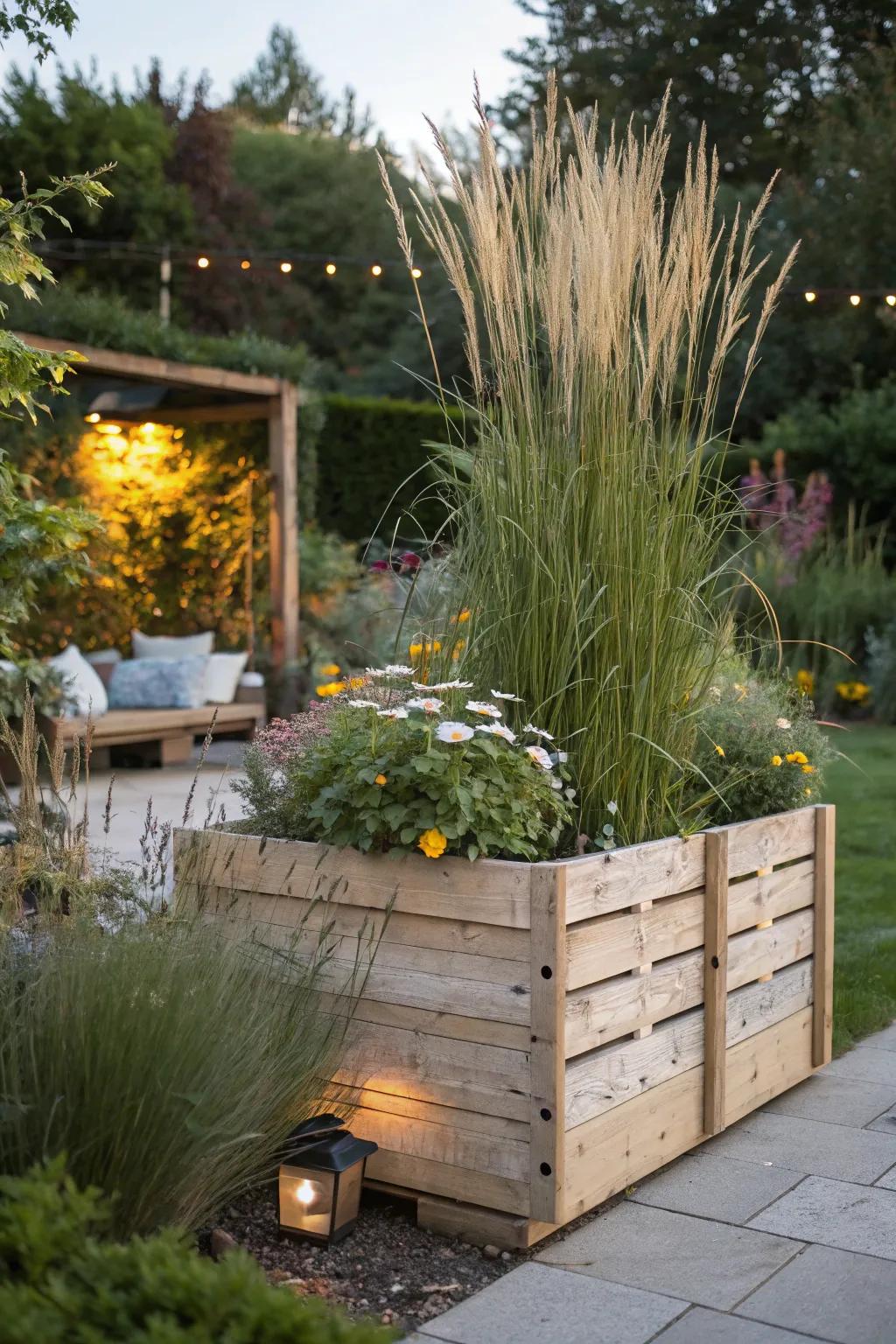 A pallet privacy screen planter offers both beauty and seclusion.