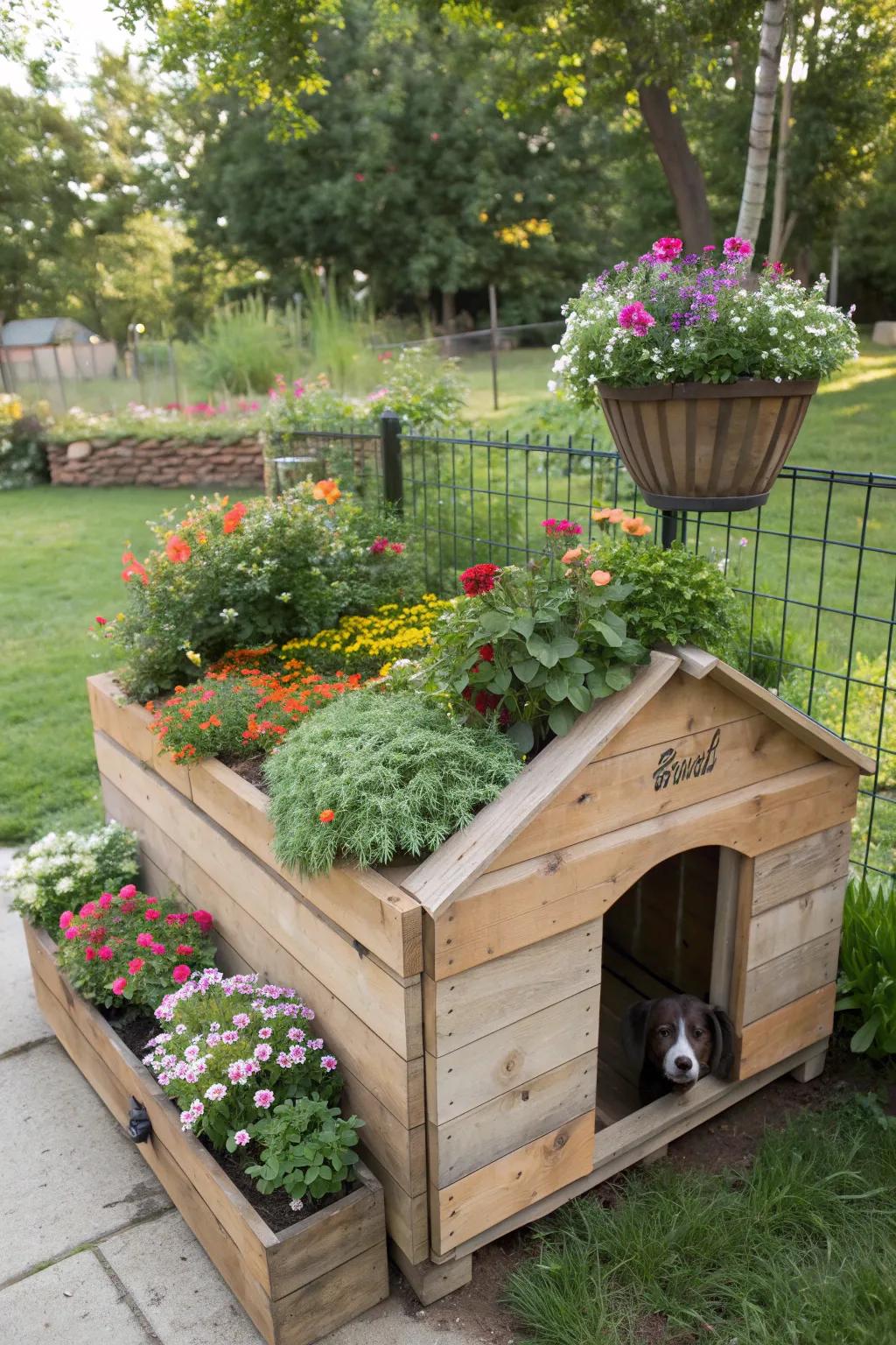 A pet house planter offers a cozy spot for pets and plants.