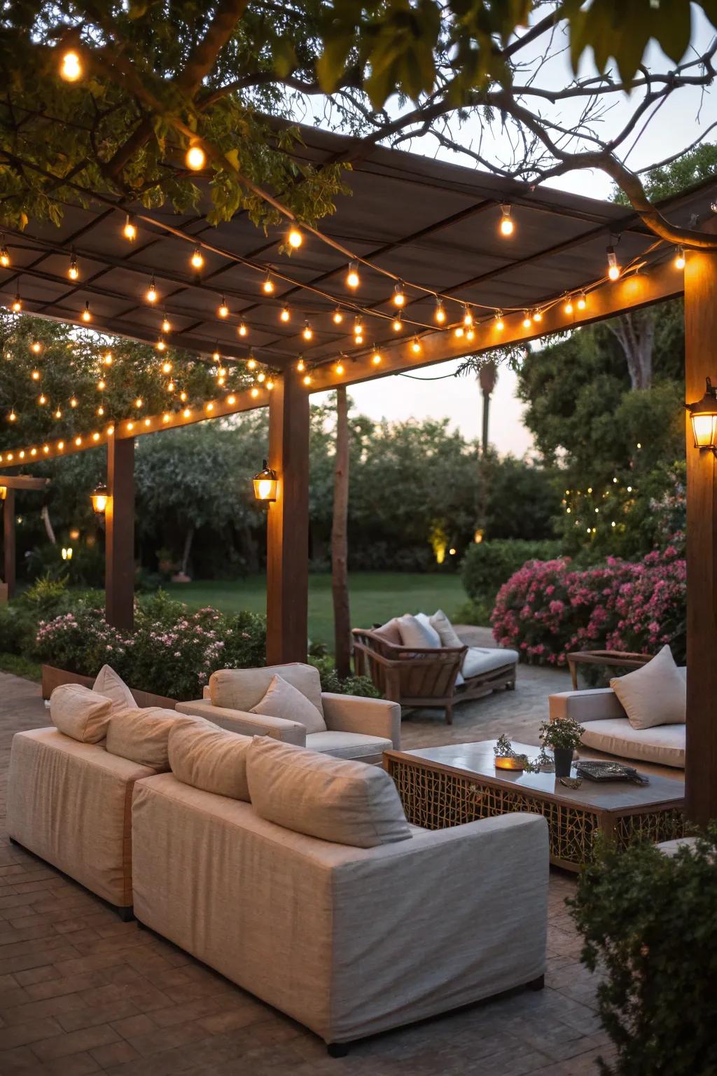A warm seating area becomes magical with the right lighting.
