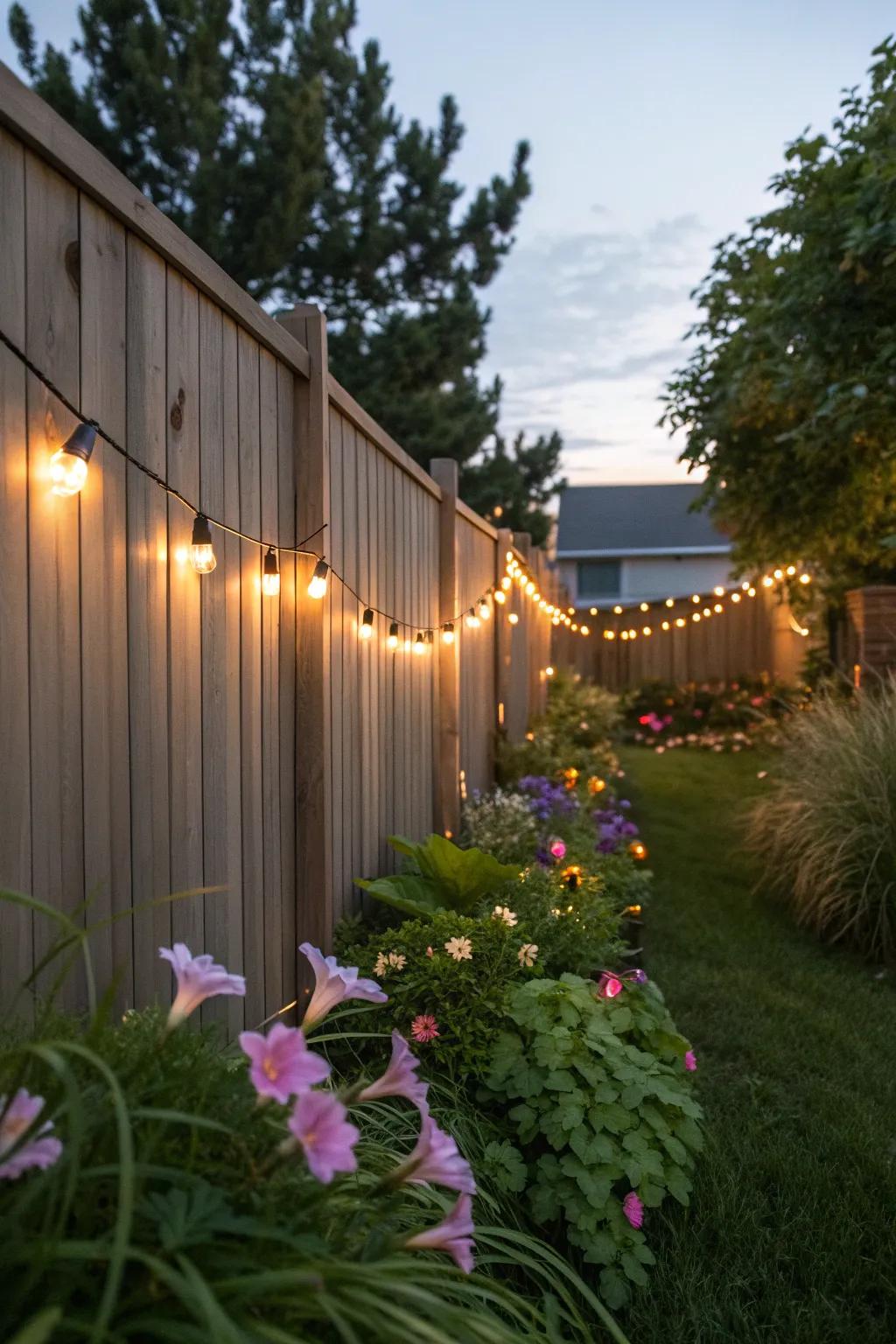 A softly lit fence adds charm and privacy.