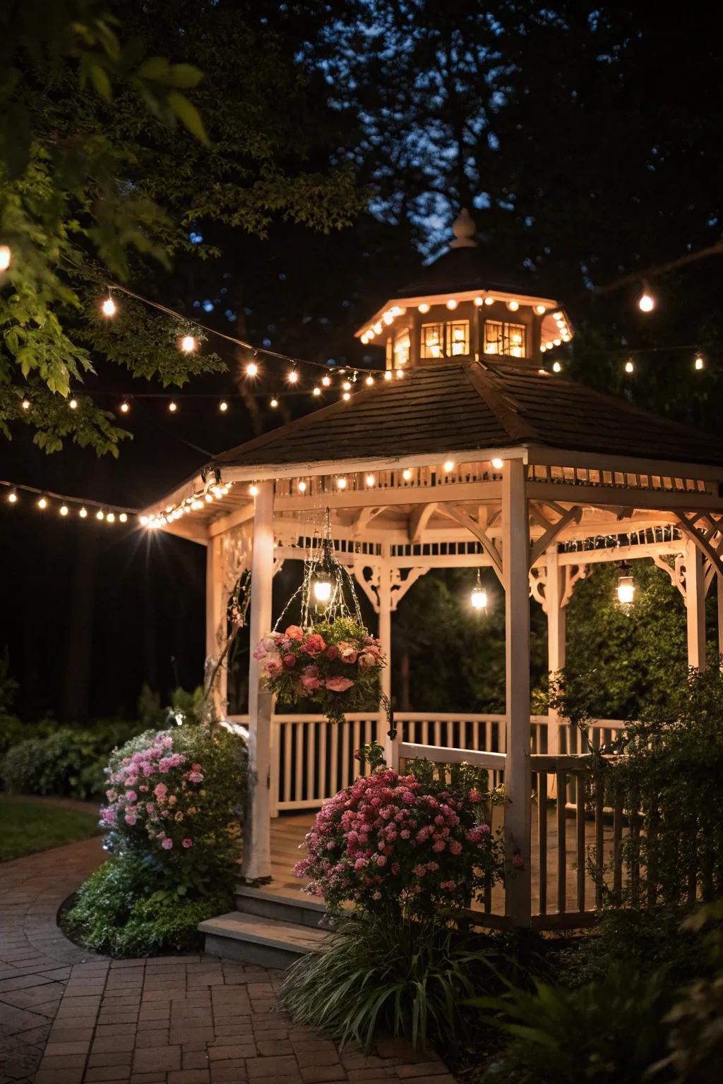 A gazebo comes alive with the soft glow of string lights.
