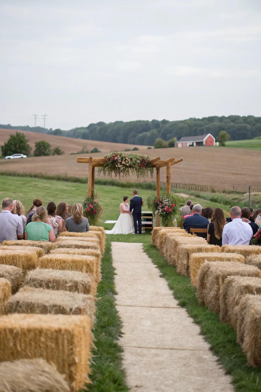 Hay bales offer rustic charm and comfort for wedding guests.