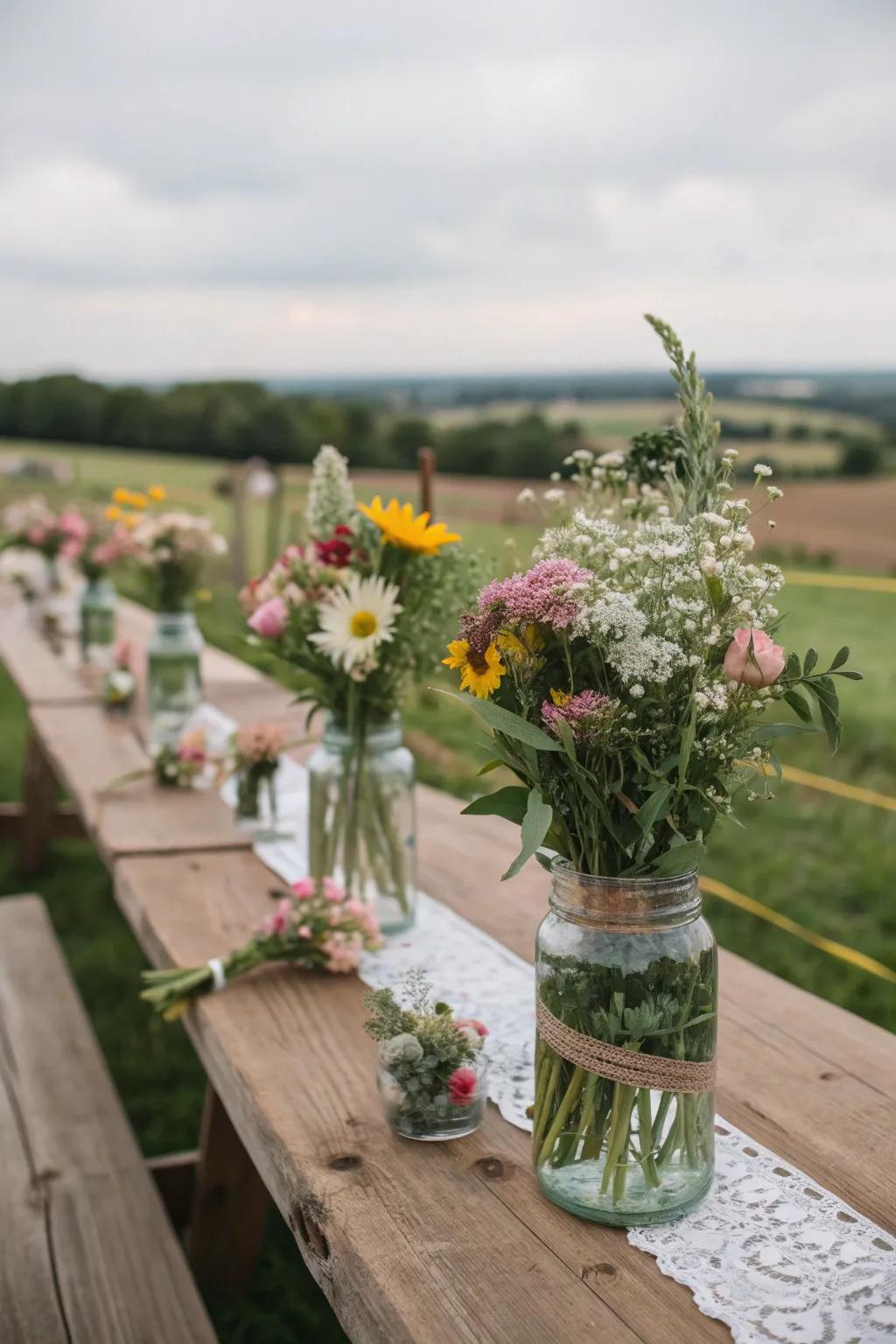 Wildflower centerpieces add natural beauty to wedding tables.