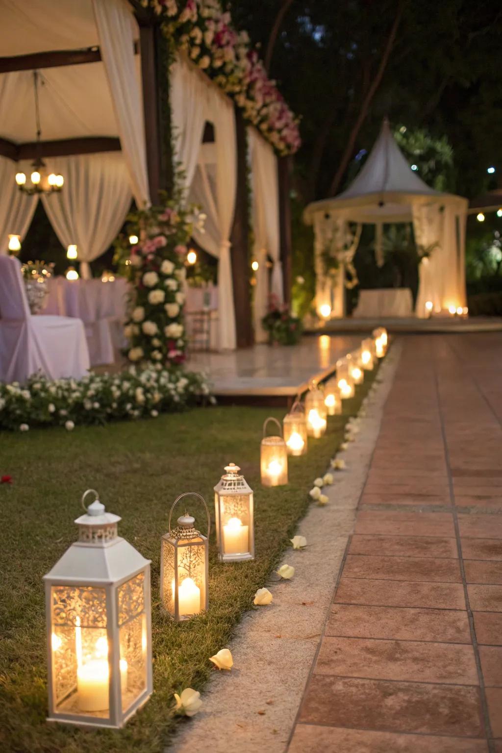 Lantern-lit paths create a romantic ambiance for weddings.