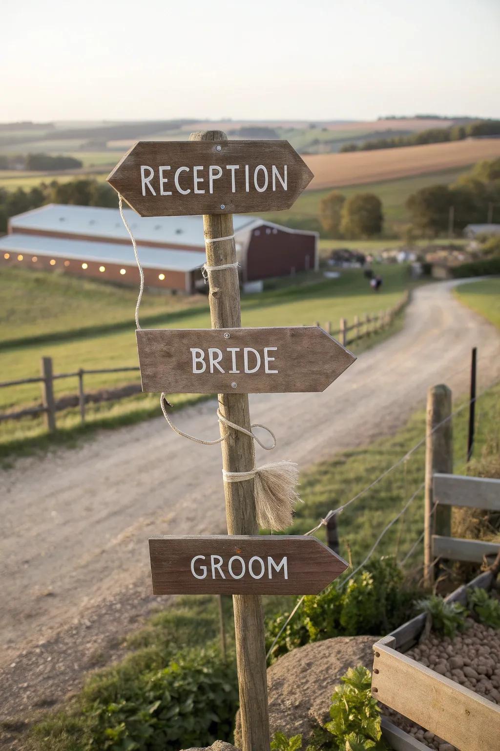 Rustic signage adds charm and guidance at farm weddings.