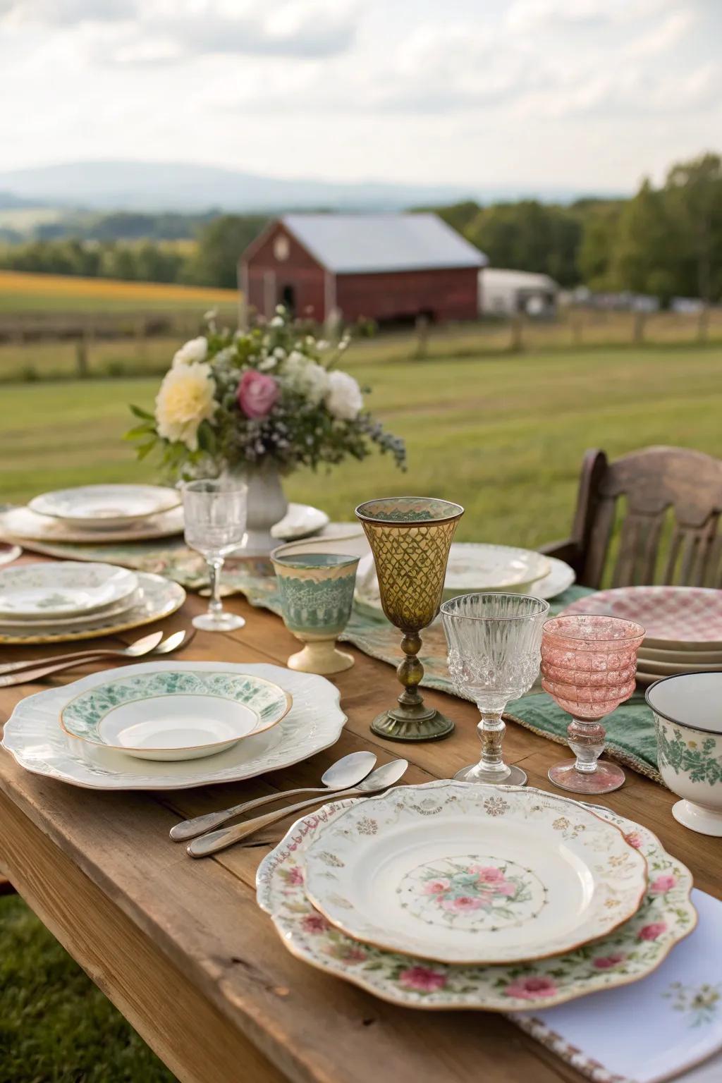 Vintage tableware brings character and charm to wedding settings.