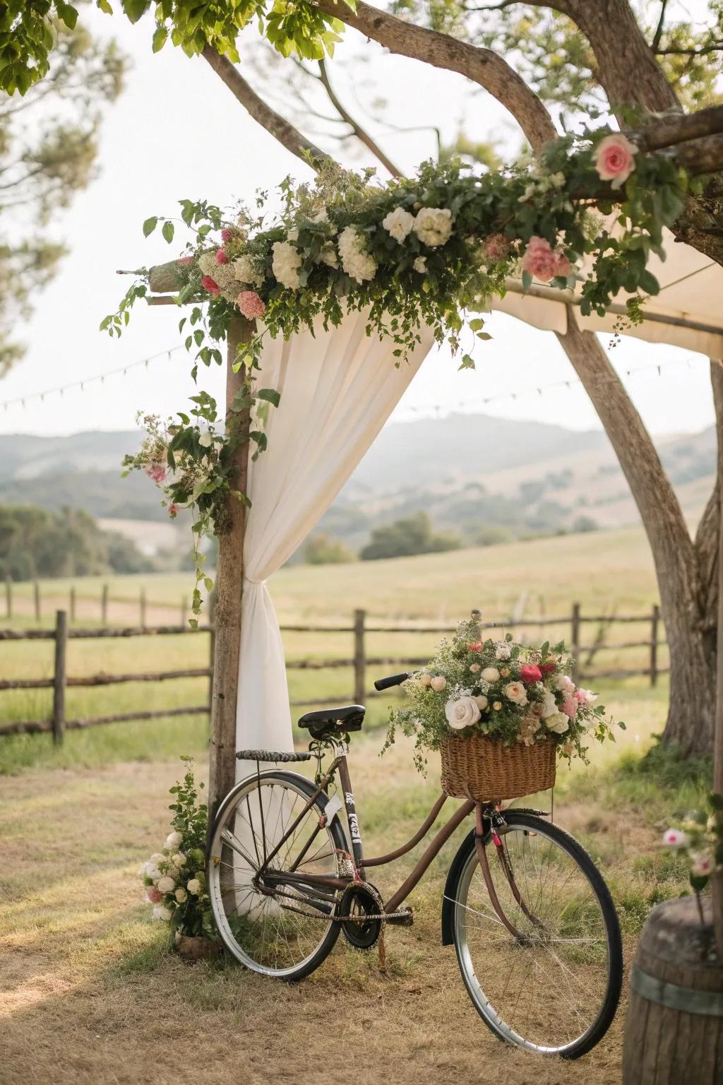 A vintage bicycle adds charming decor and photo opportunities.