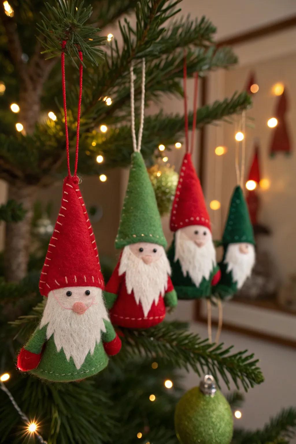 Felt gnome ornaments add a touch of whimsy to holiday decor.