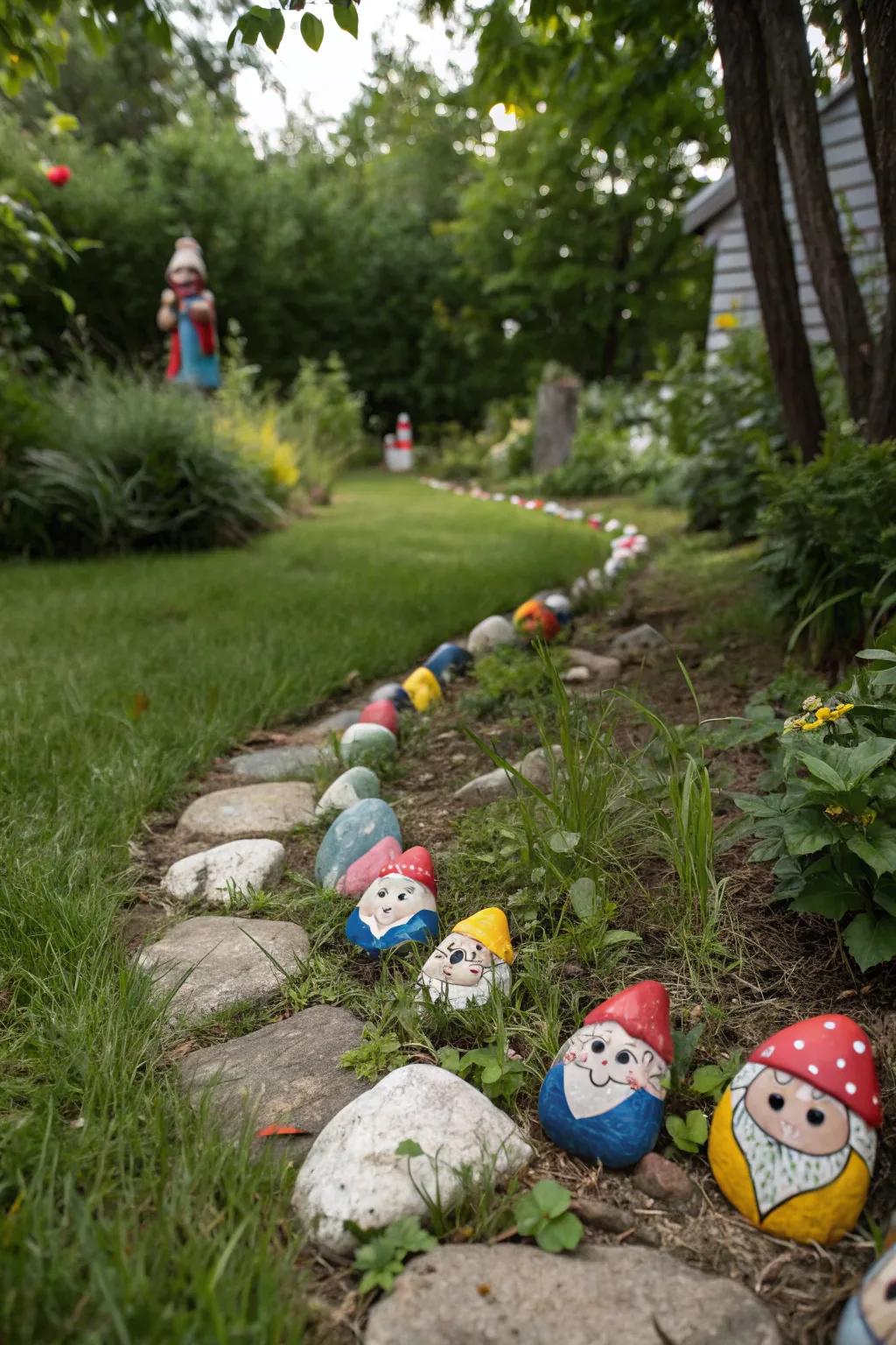 Painted rock gnomes add charm to garden paths.