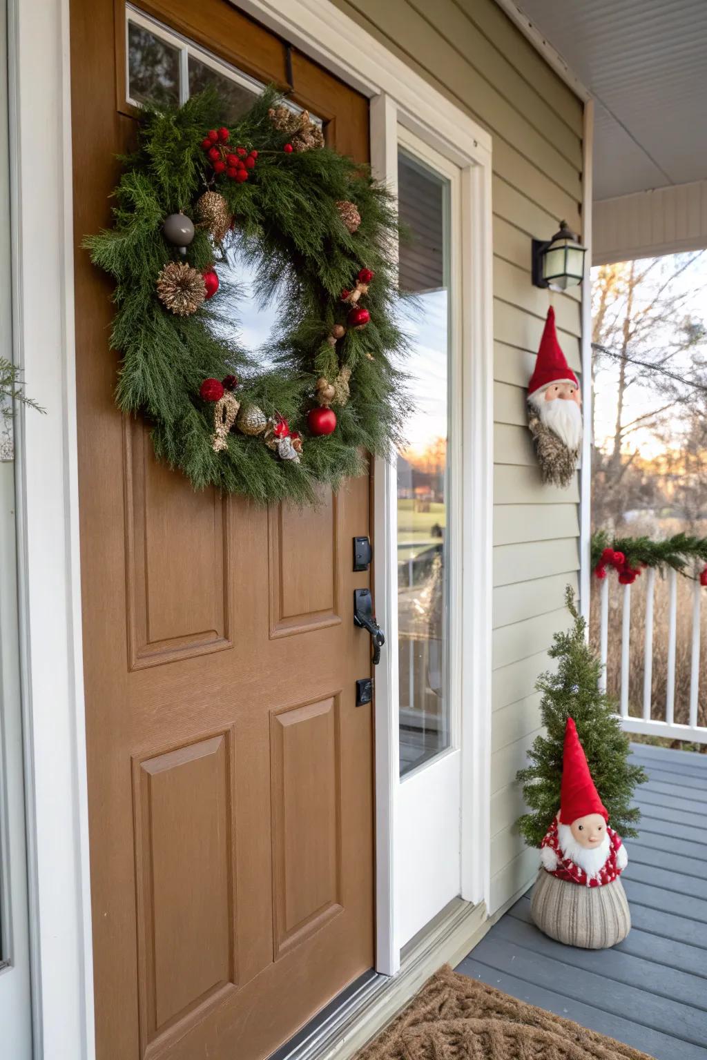 Gnome wreaths offer a whimsical welcome.