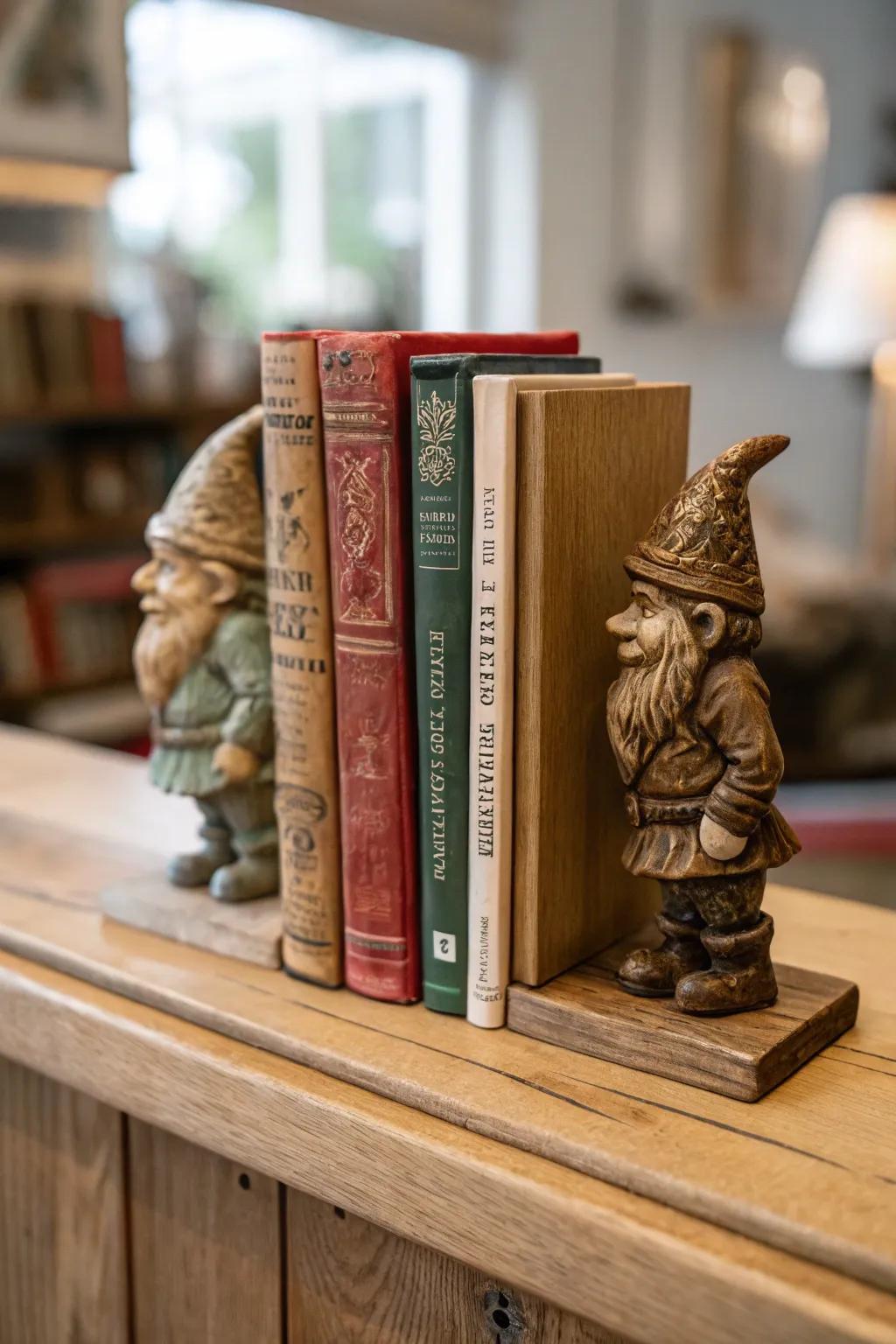 Gnome bookends add charm and functionality.