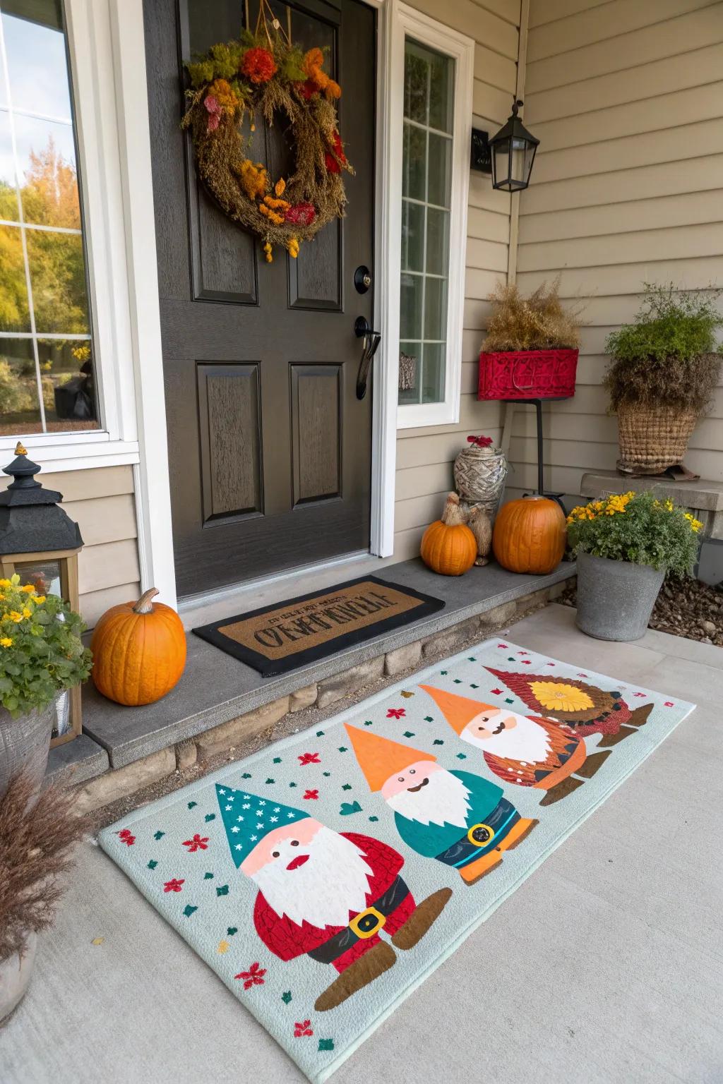 Gnome welcome mats set a whimsical tone.