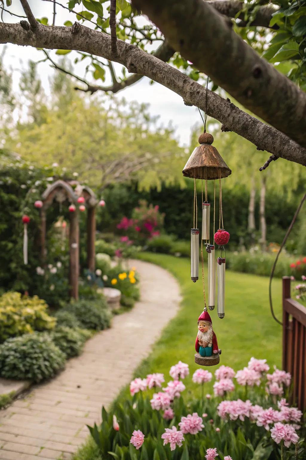 Gnome wind chimes add melodic charm to gardens.