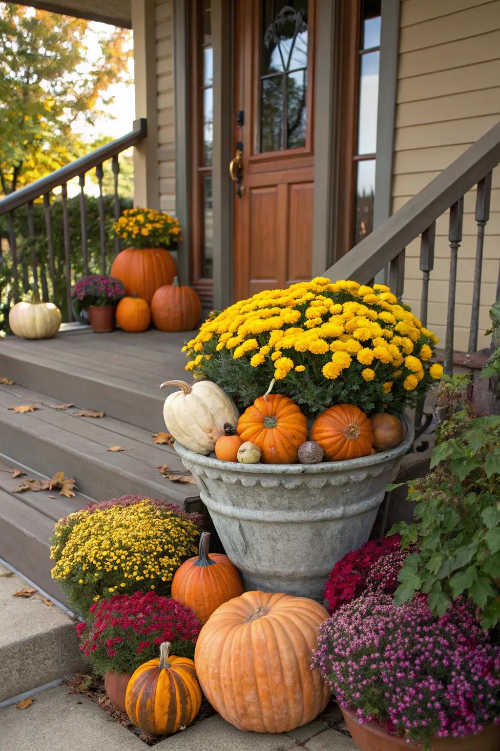 Pumpkins and gourds create a classic fall scene in any planter.