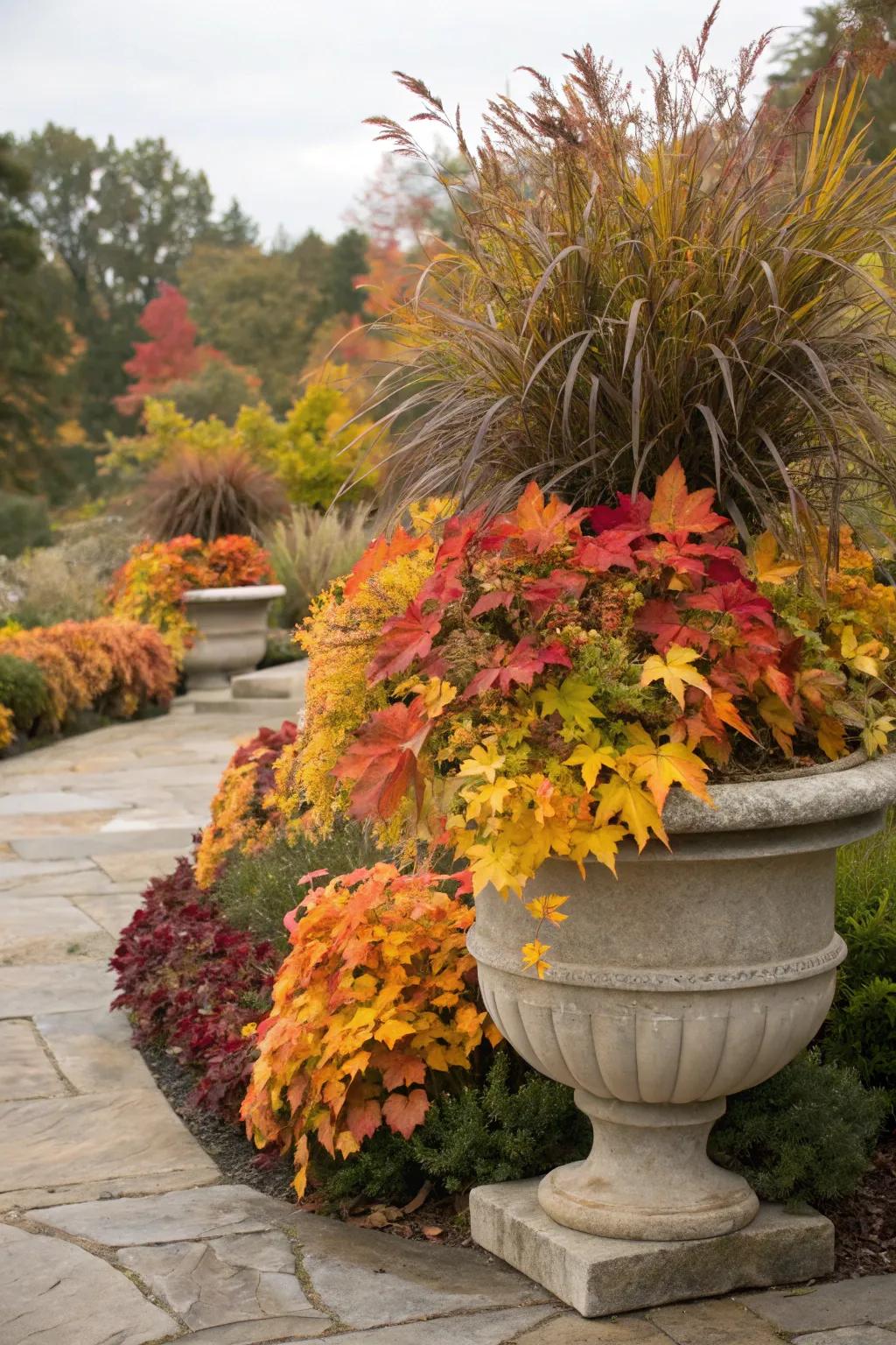 Layered foliage adds lush depth to fall planters.