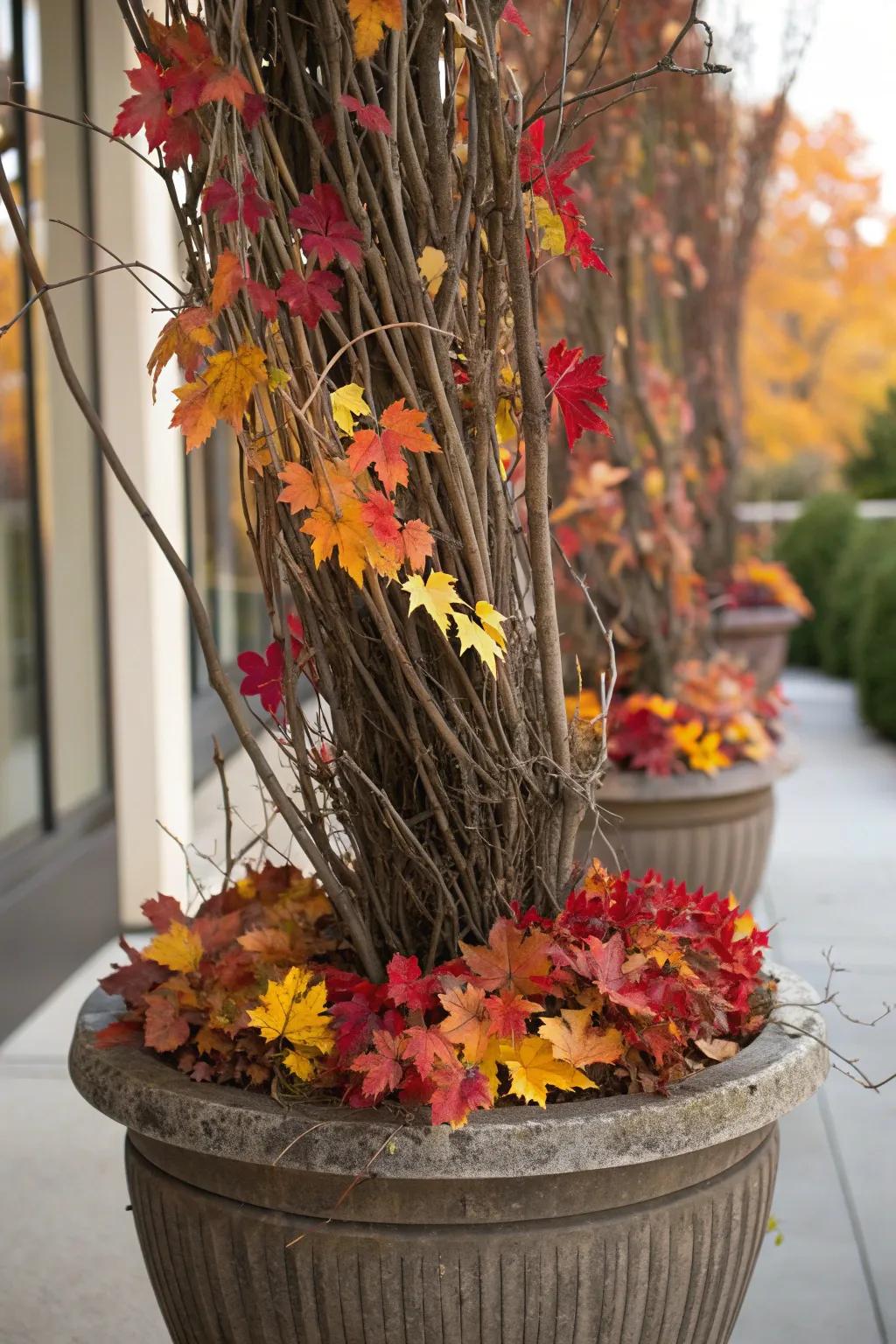Twigs and branches add natural height and charm to fall planters.