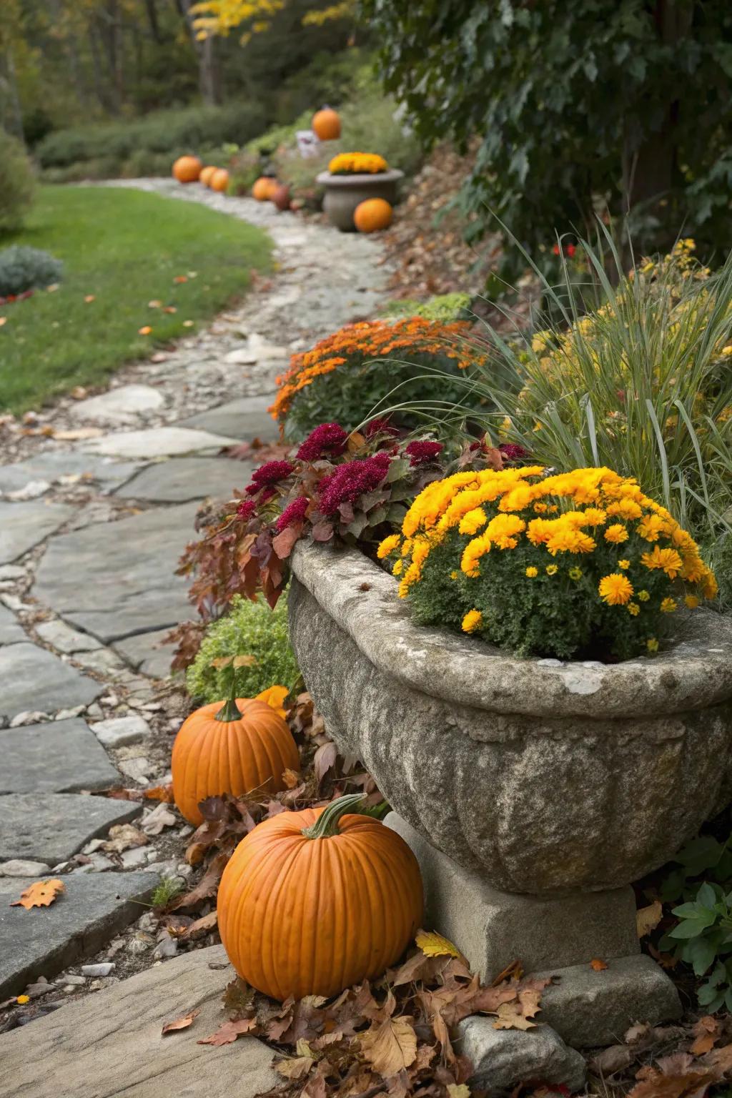 Natural stone planters offer a rustic and solid foundation for fall displays.