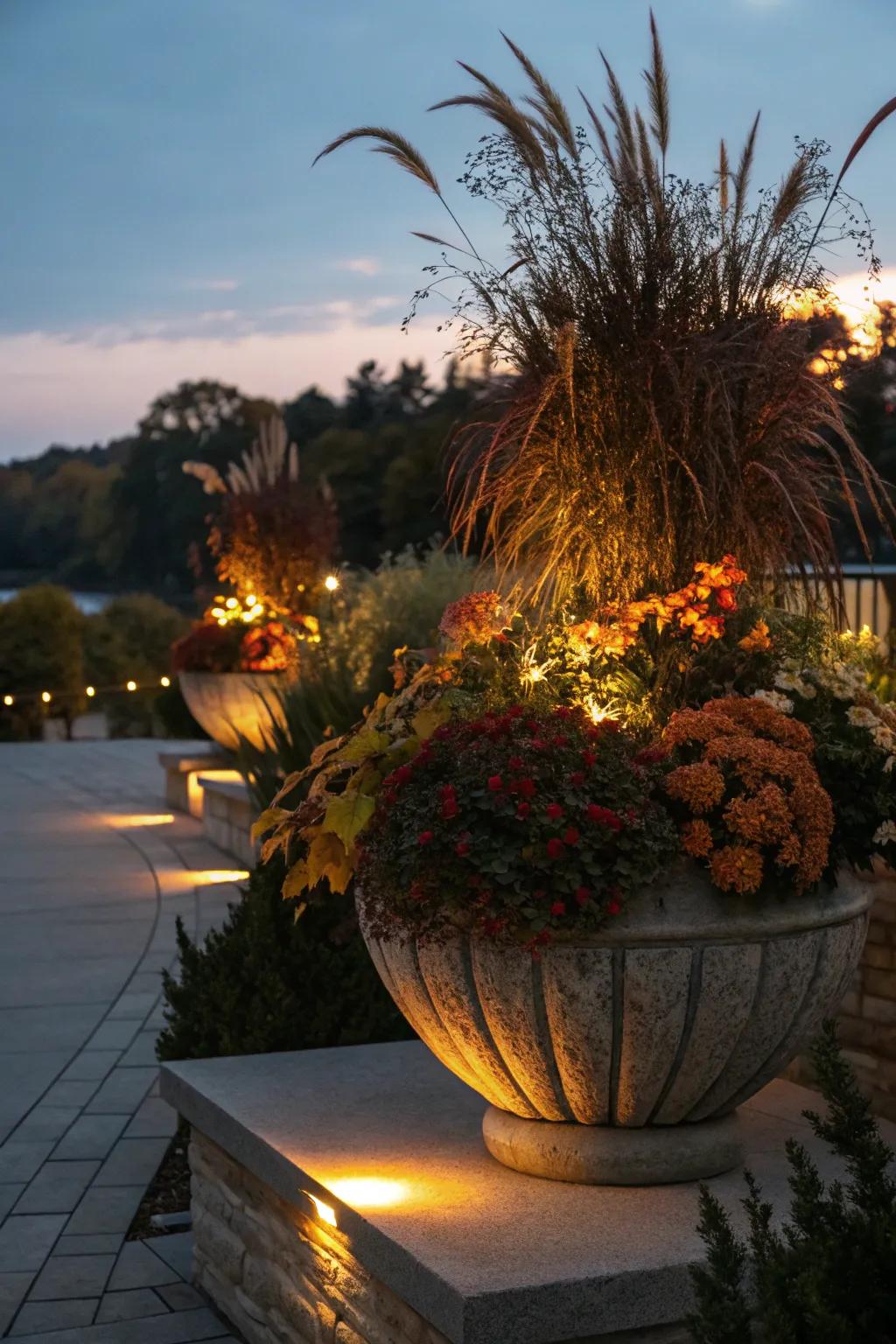 Built-in lights bring evening magic to fall planters.