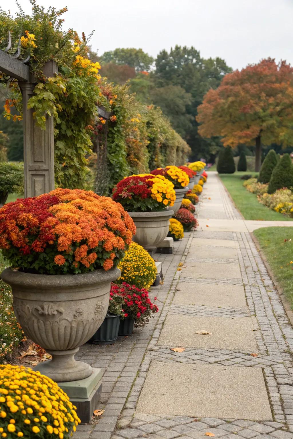 Pathway planters guide guests with seasonal charm.
