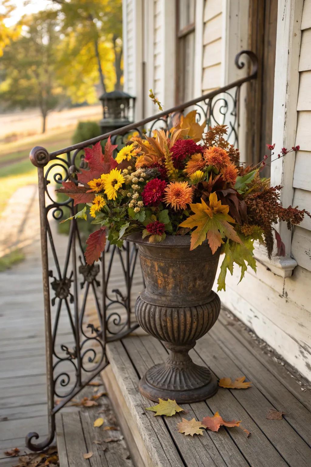 Vintage metal planters add nostalgic charm to fall decor.