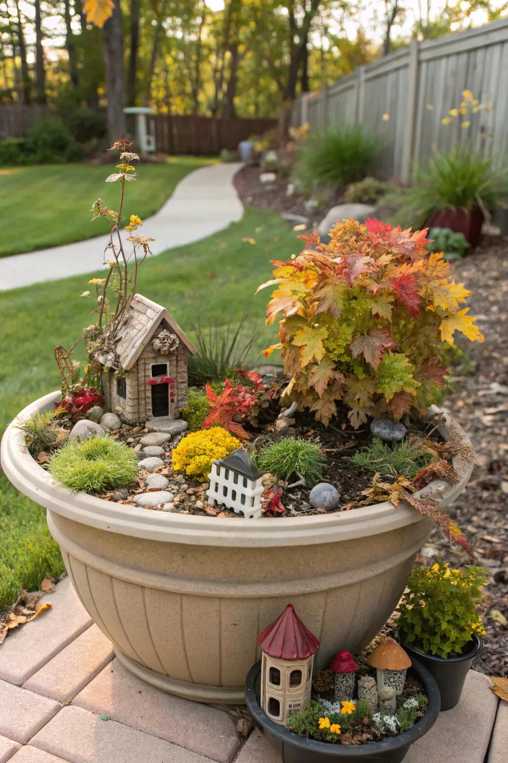 Fairy garden planters add a whimsical element to fall decor.