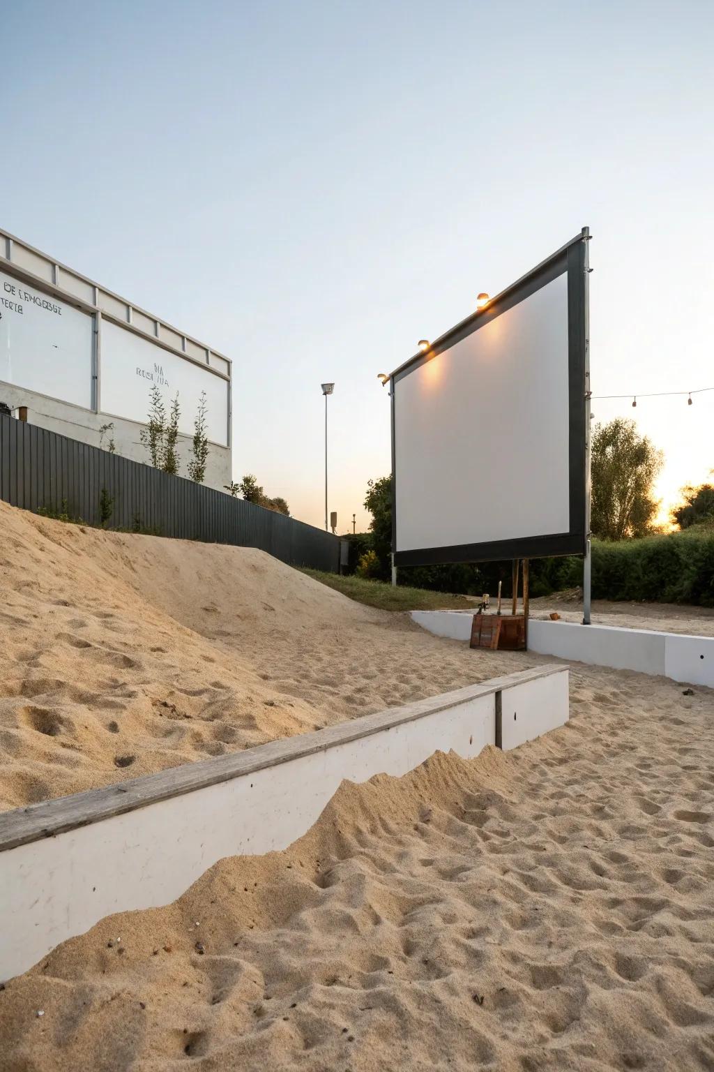 A chalkboard wall invites creativity and complements sand play.