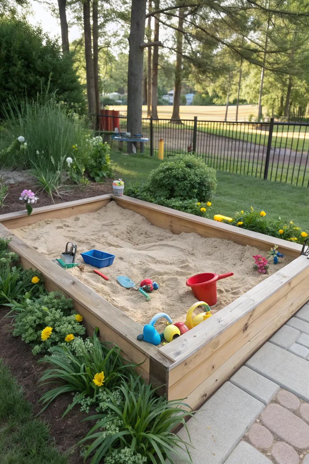 A raised bed sand pit offers a compact and stylish play solution.