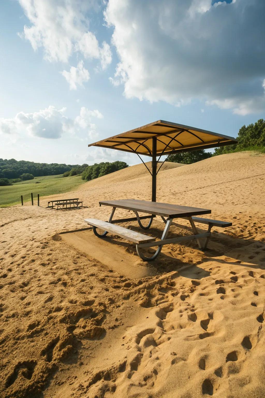 A convertible picnic table doubles as a sand pit cover.