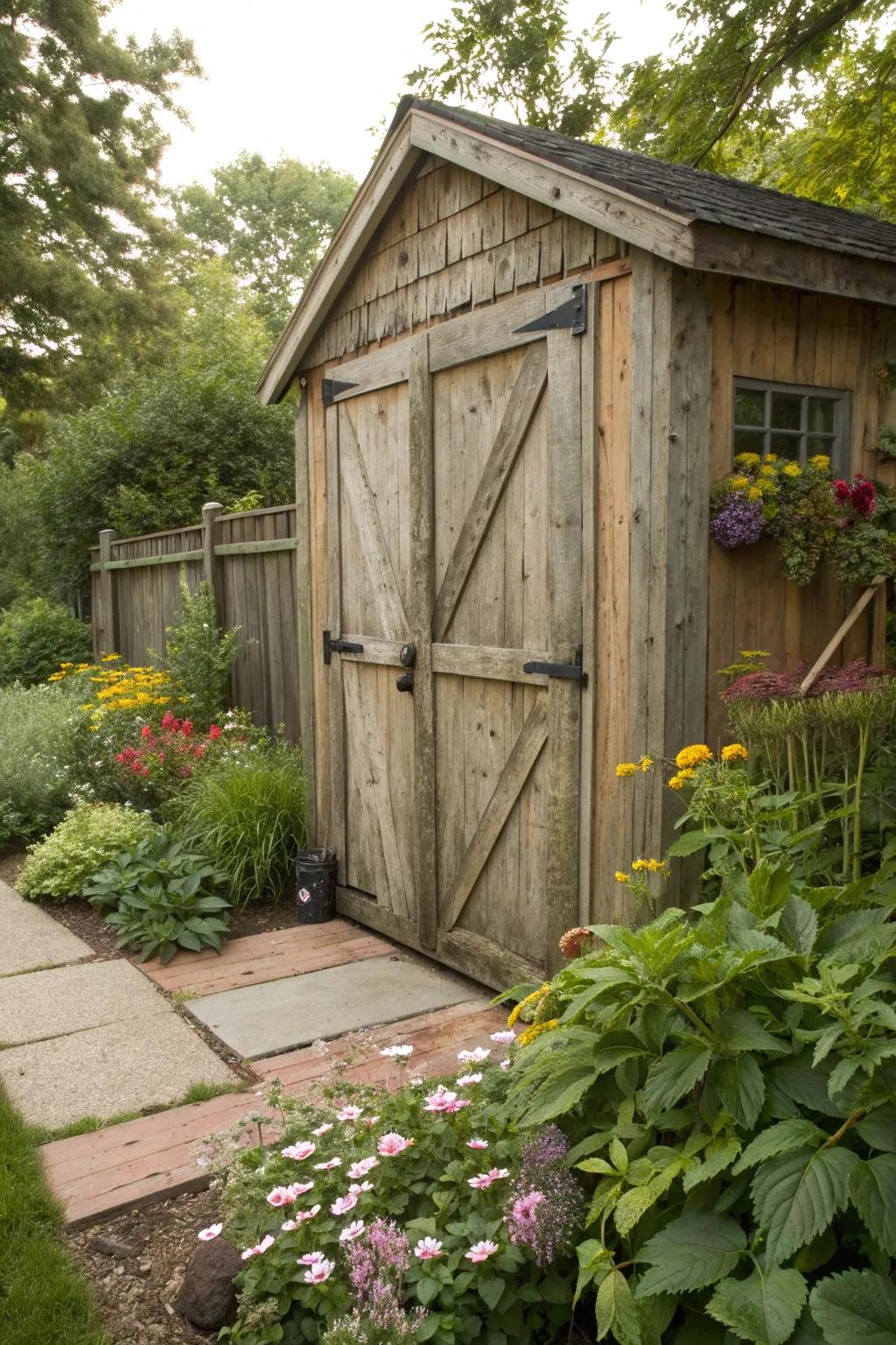 Transform your backyard with a rustic retreat shed featuring barn-style doors.