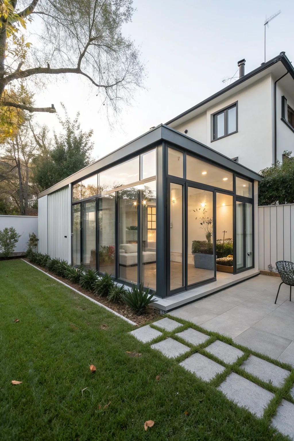 A sleek modern shed can serve as a stylish addition to any contemporary garden.