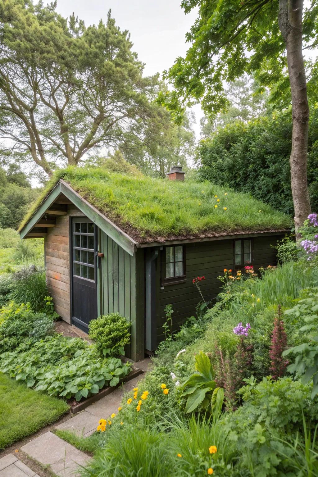 A nature-integrated shed with a living roof becomes a natural extension of the garden.