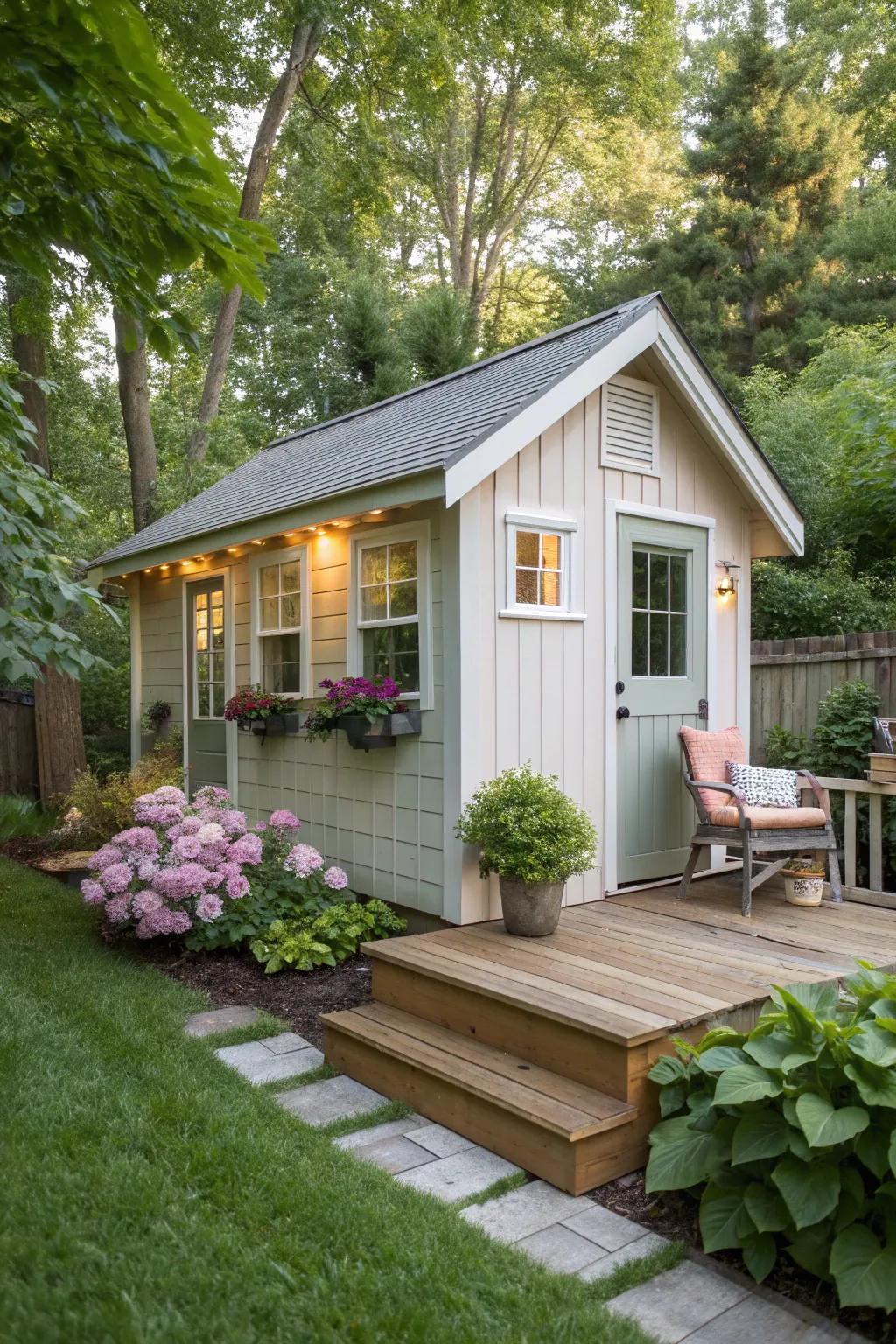 A tiny house shed offers a cozy and affordable guest space.