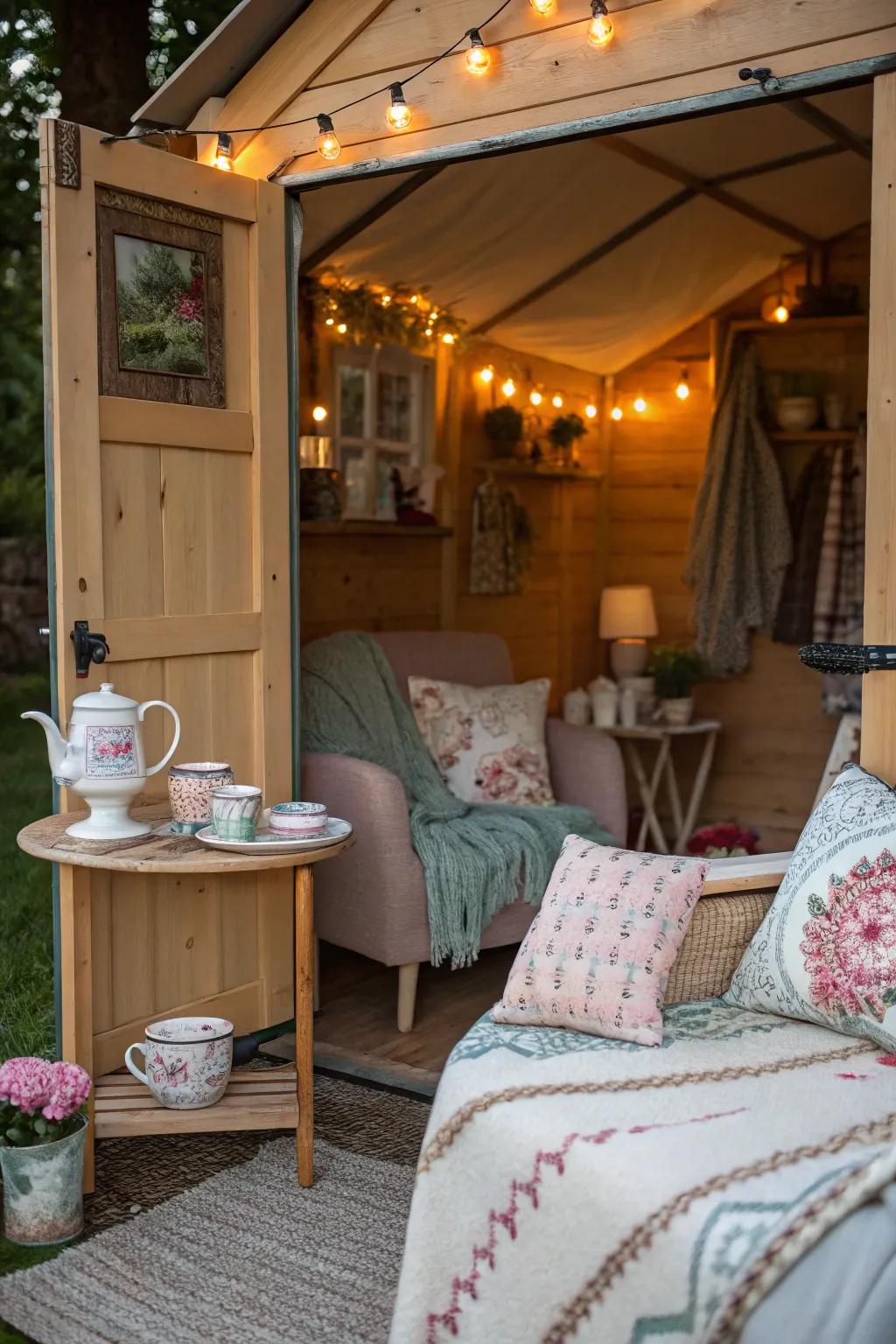 A she shed sanctuary provides a cozy retreat for relaxation and socializing.
