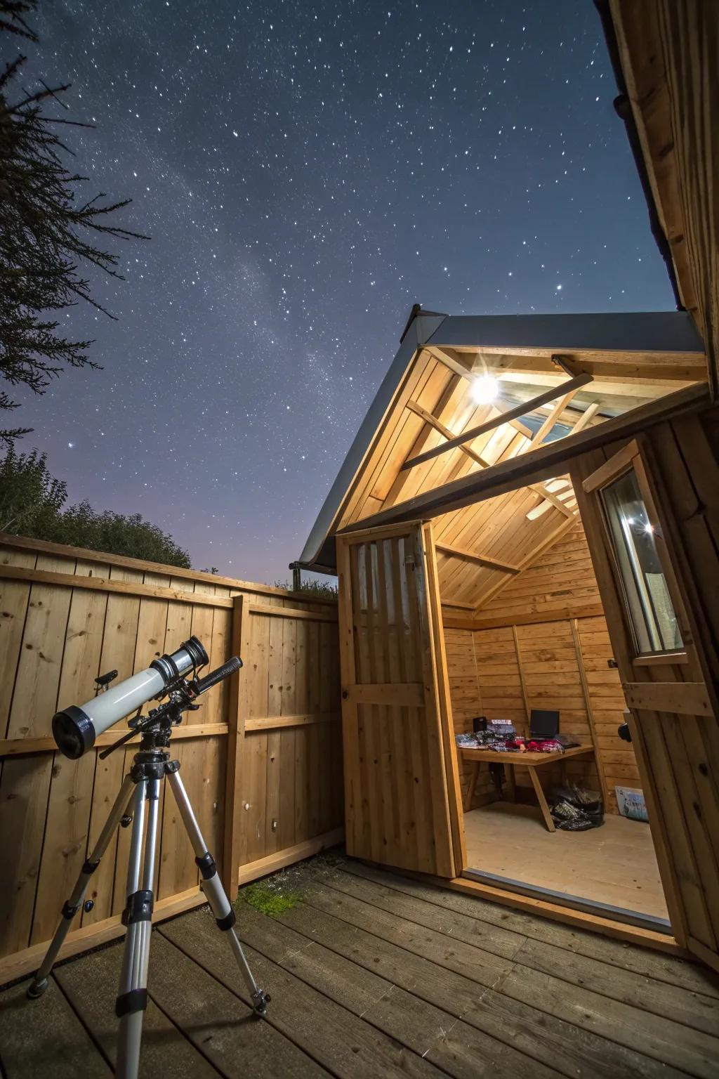A stargazing shed offers a celestial escape for astronomy enthusiasts.
