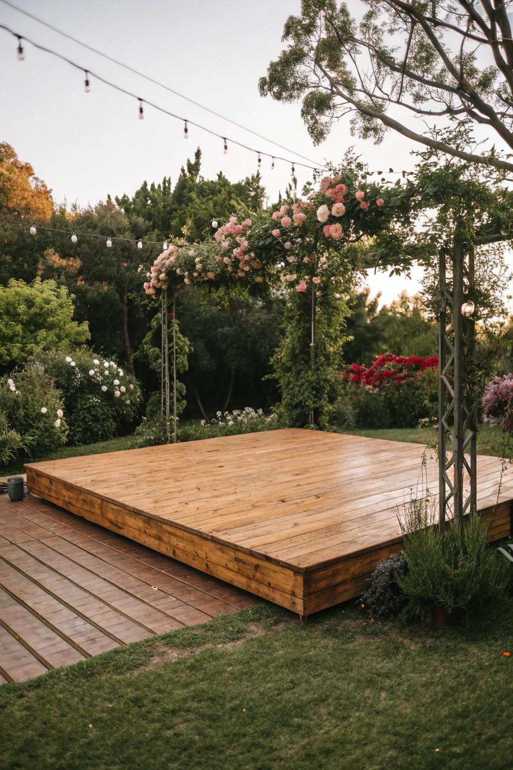 A rustic wooden platform sets the stage for your outdoor celebration.