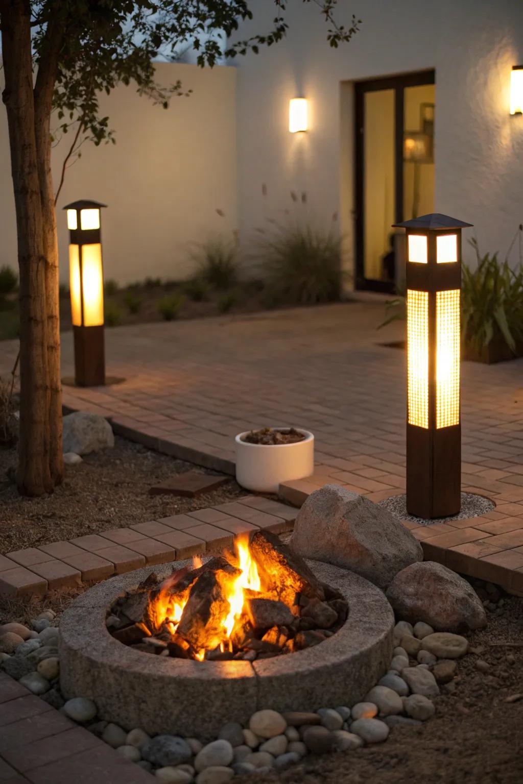 Gather around a warmly lit fire pit with pillar lights.