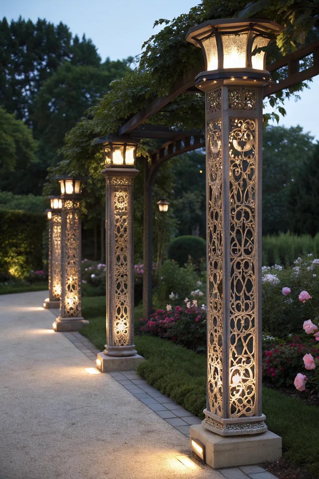 Elevate your garden with artistic metalwork lighting.